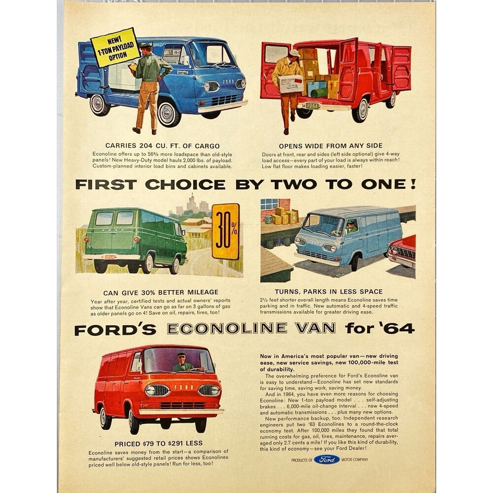 Ford's Econoline Vam for '64 "1st Choice by 2 to 1" Vintage Print Ad 1964